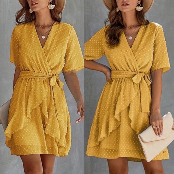 Yellow Polka Dot Swiss Dot Ruffle-Trim Tiered Pleated Wrap Dress Size Small - Picture 1 of 15